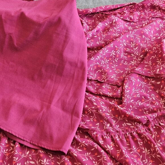 Old Navy Faux Wrap Dress Women L Wine LS Midi Lined Ruffles Dainty Floral Boho - Picture 13 of 16